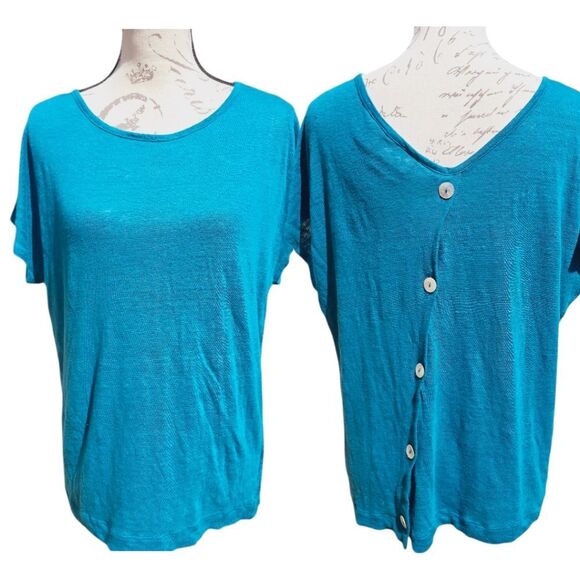 Rachel Zoe -1663 NWOT 100% Linen Asymmetrical Button Back Top Teal‎ Large - Picture 1 of 6